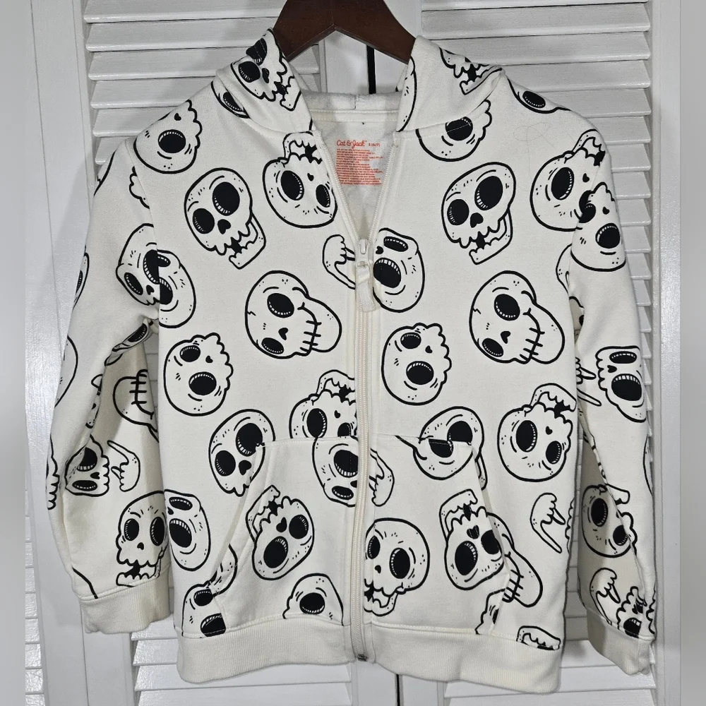 Cat&Jack White Zip Up Hoodie Black Skull Print Pockets Sz 6/7 Halloween